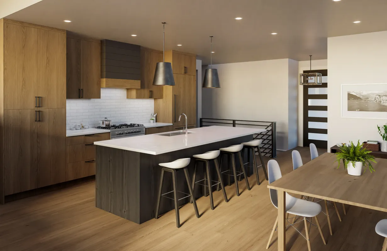 Spacious kitchens feature integrated premium appliances and large breakfast bar islands.