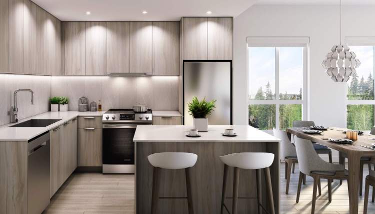 Monochromatic kitchens with stainless steel appliances and large islands.