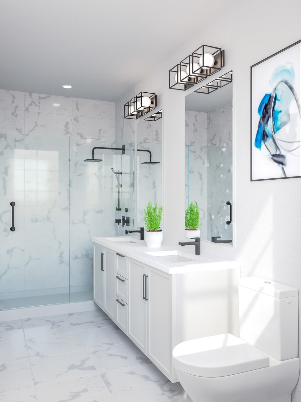 En suites feature double vanities and frameless glass showers.