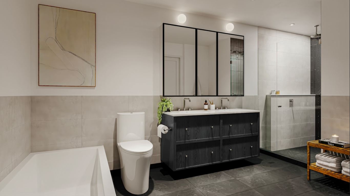Ensuites emulate world-class spas with floor-to-ceiling ivory tiled walls and matte black floor tiles.