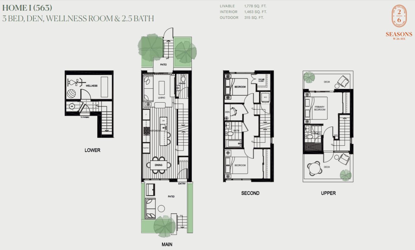 Plans with 3 bedrooms, a den, 2.5 bathrooms, and a wellness room.
