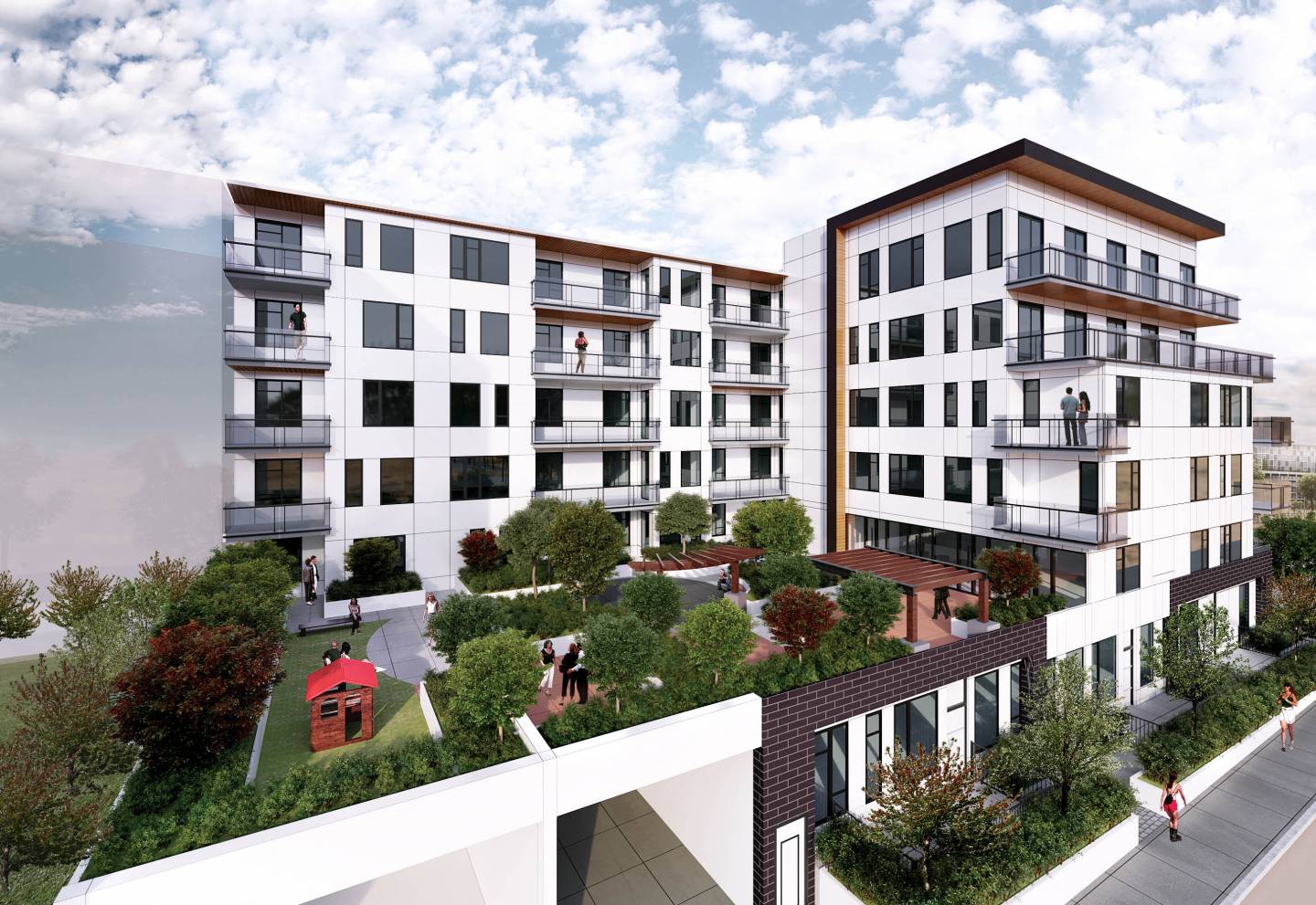 A large south-facing courtyard on Level 2 offers residents a renge of outdoor amenities.
