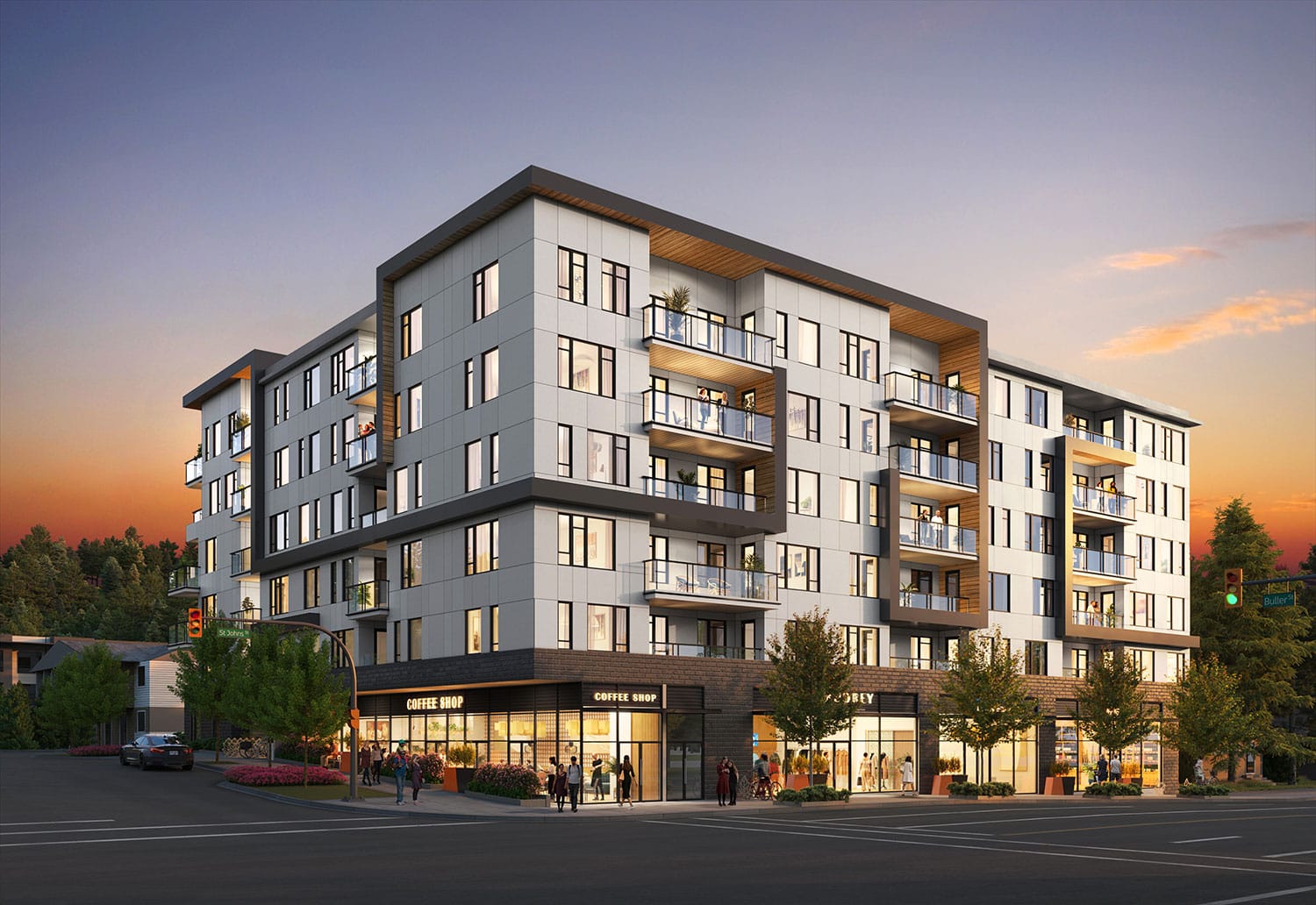 A 6-storey Port Moody mid-rise with 70 condominiums and 4 street-facing retail units.