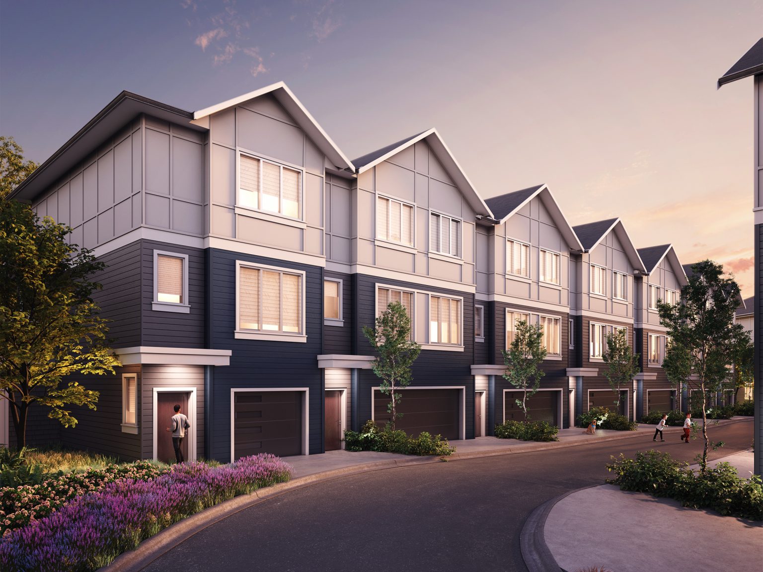 These 3-storey townhouses feature double garages, private backyards with patios, and second floor balconies.