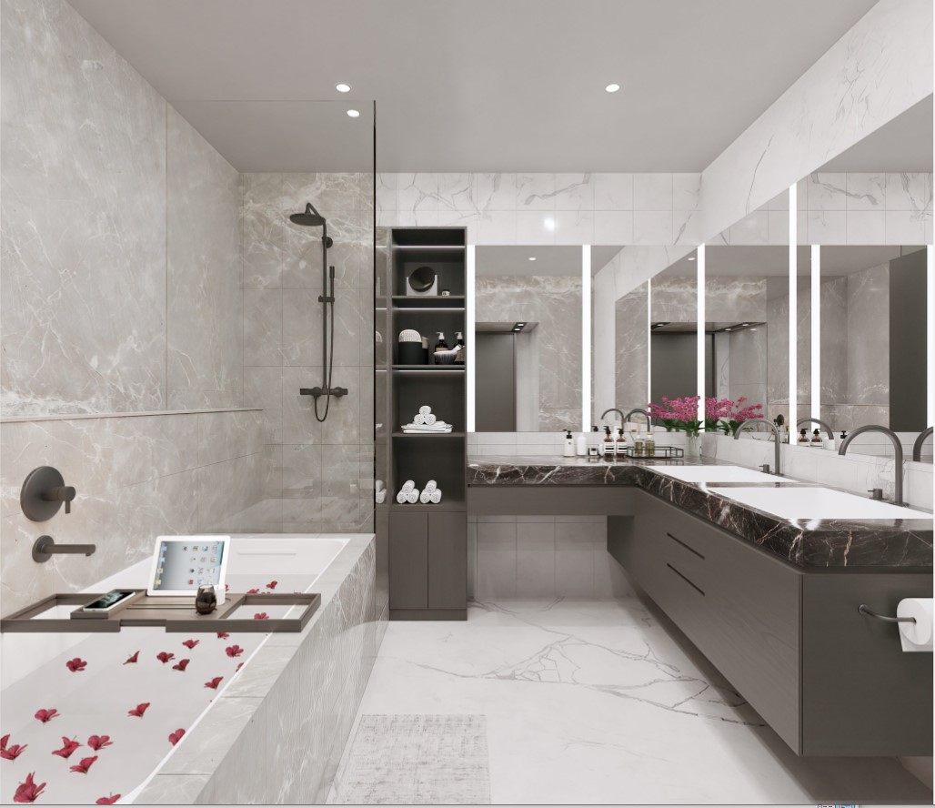 Select marble pieces and high-end Kohler fixtures create a spa-like experience.
