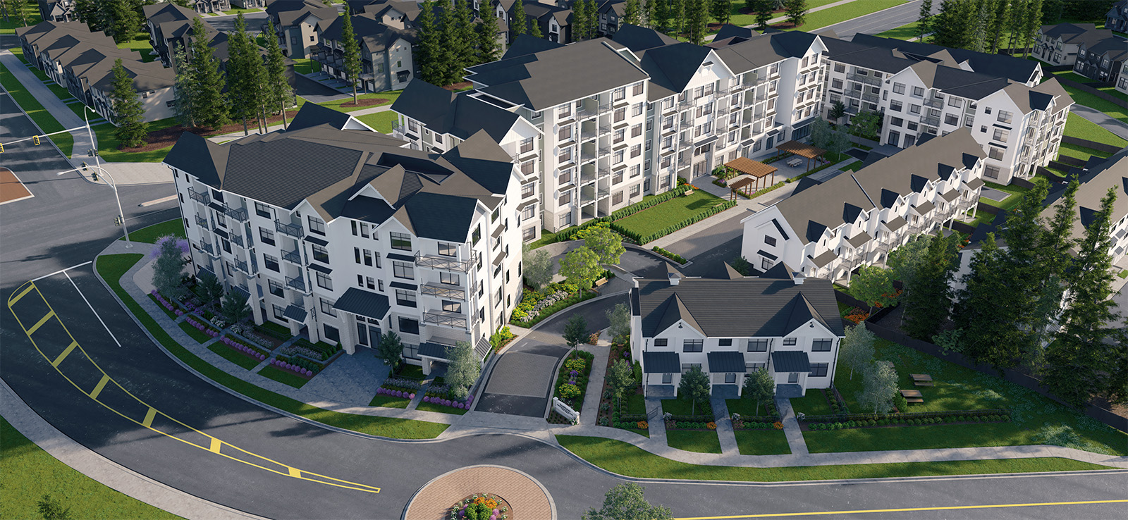 A collection of three mid-rise condominium buildings and two 3-storey townhouse structures.