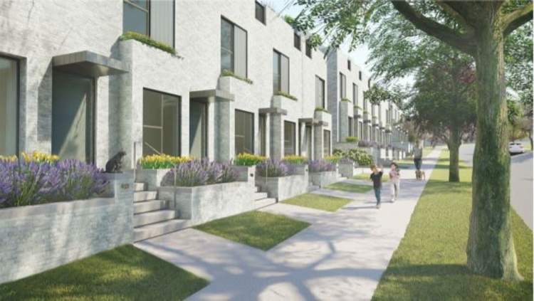 Artist rendering showing the townhome exteriors along 30th Avenue.