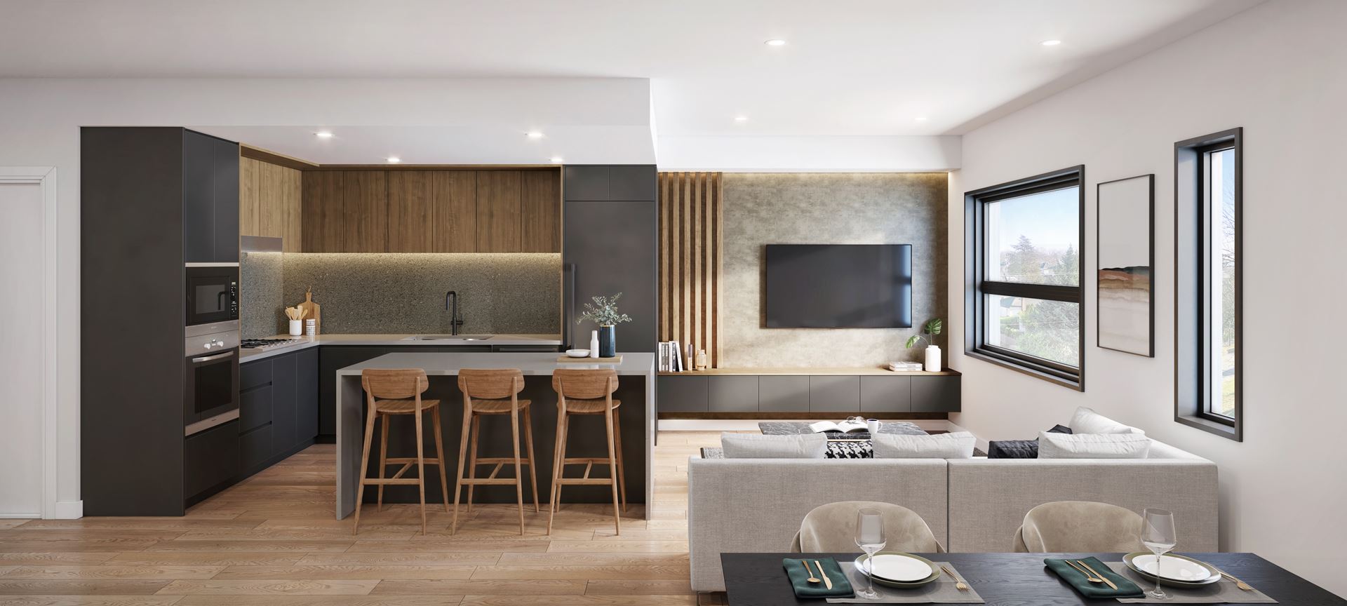 Each home has a custom living room feature wall that matches the kitchen colour palette.