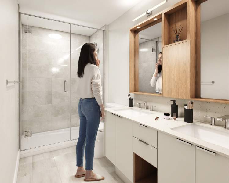 En suites feature spa-inspired tile floors, semi-frameless glass showers, convenient medicine cabinets.