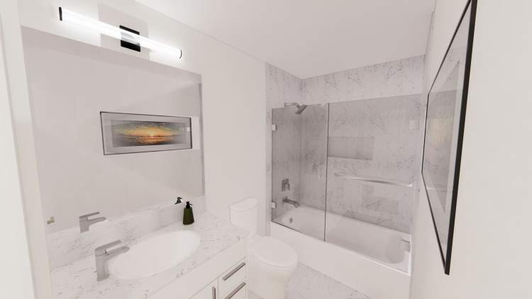 Lavish baths feature tile surround showers, quartz countertops, and heated en suite floors.