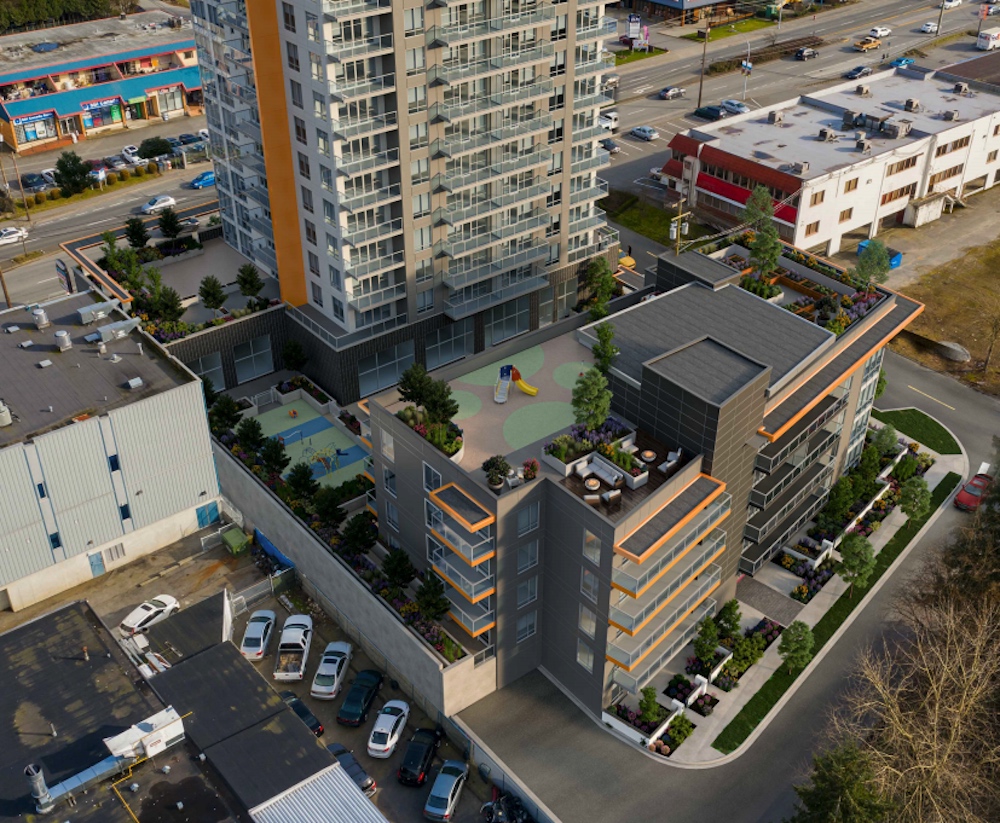 Birdseye view from 119B Street showing rental tower and rooftop amenities.