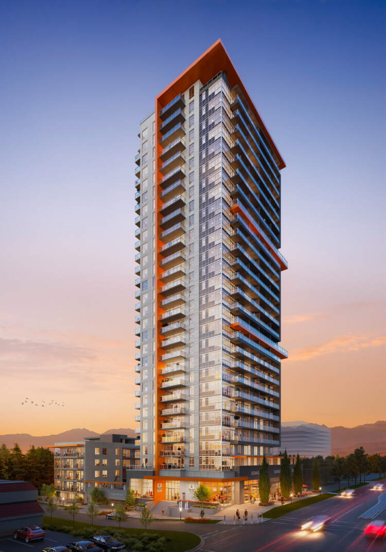 This 29-storey North Delta tower offers unobstructed urban and mountain views.