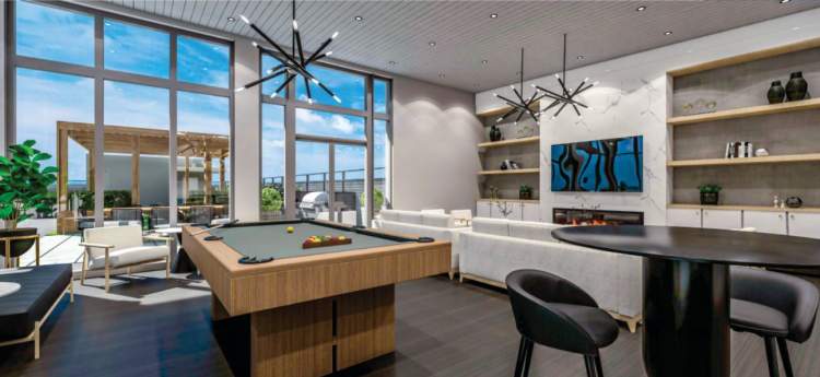 Resident amenity includes a lounge, games room, and a rooftop terrace with dining and exercise spaces.