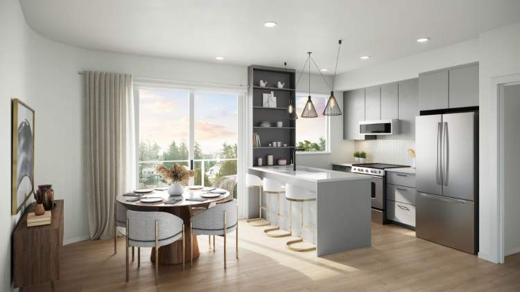 Bright and functional kitchens include stainless steel appliances and flat-panel cabinetry.