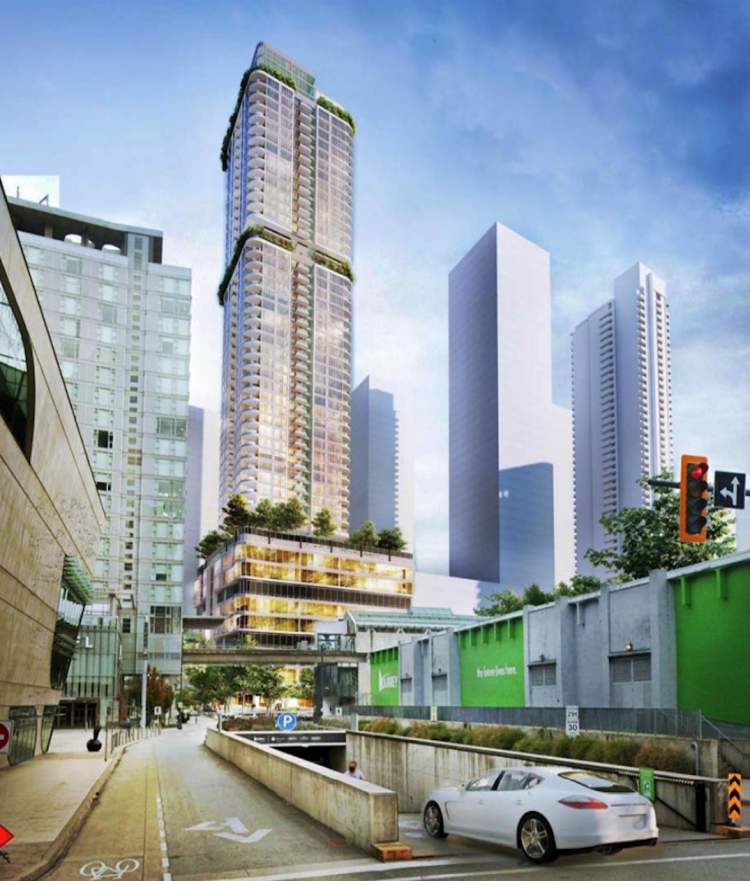 A mixed-use highrise with 42 floors of condominiums and an 8-storey commercial podium.
