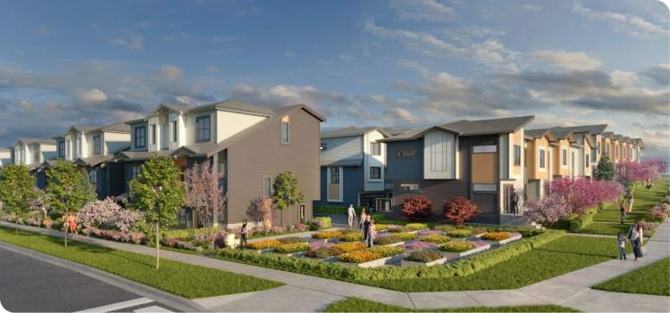 A residential community of 173 three-bedroom Surrey townhomes and duplexes.