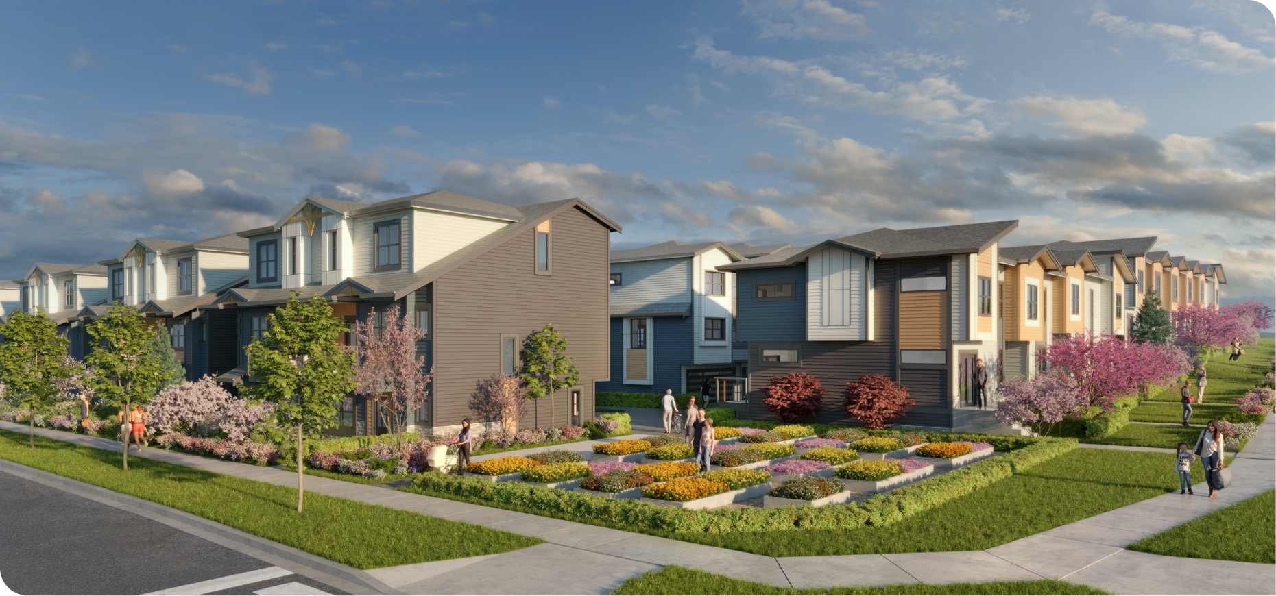 A residential community of 173 three-bedroom Surrey townhomes and duplexes.