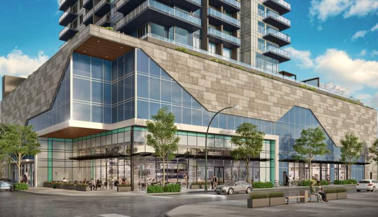 The ONE Varsity Kelowna podium includes ground floor retail space and a parkade.