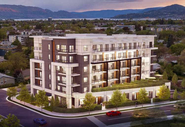 Anacapri Kelowna - View from the northeast showing the exteriors facing Belaire Avenue and Chandler Street.