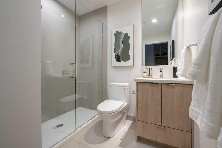 Frameless glass shower enclosure with Kohler plumbing fixtures.