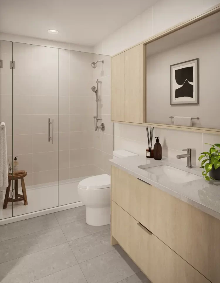 Bathrooms feature large-format tile flooring, quartz countertops, and Riobel fixtures.