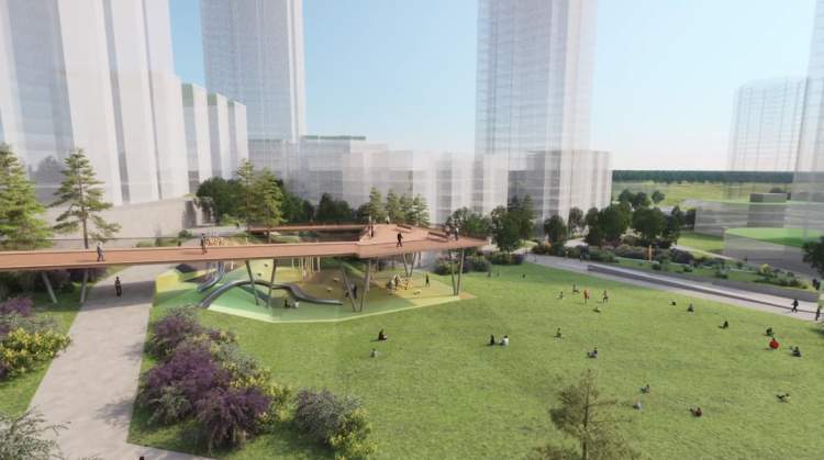 At the centre of the development is a 2.53-acre public park featuring an elevated pedestrian pathway.
