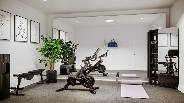 A private home gym that is inspired by professional fitness studios.