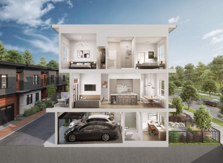 Onward Richmond - Three-storey townhomes include a 2-car garage and guest room with en suite.