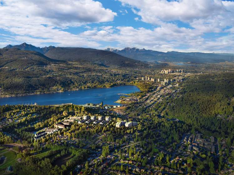 Aerial view of the Portwood community showing Port Moody and Burrard Inlet.