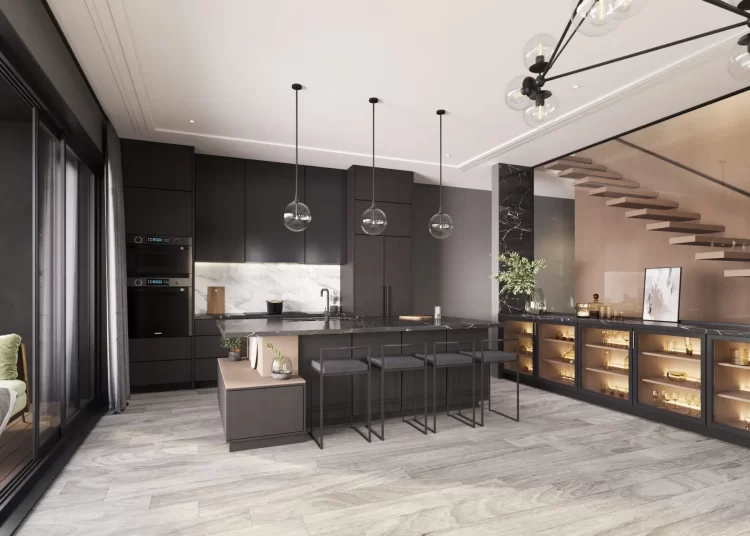 Kitchens feature Bosch black stainless steel appliances and an illuminated glass cabinet.