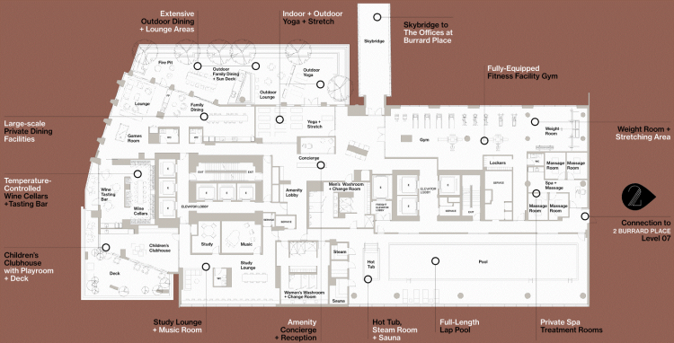Plan showing layout of Club One amenities.