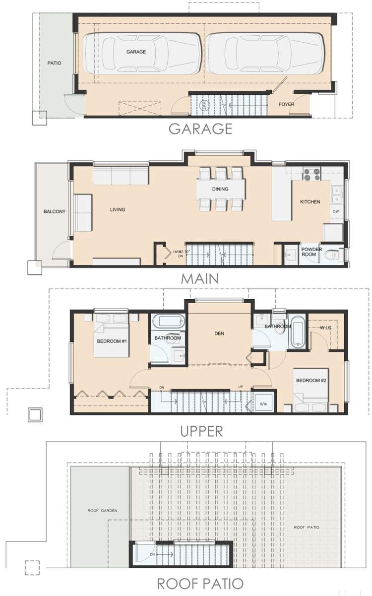 A1A Plan for a 2-bedroom + den townhome with a full roof deck.