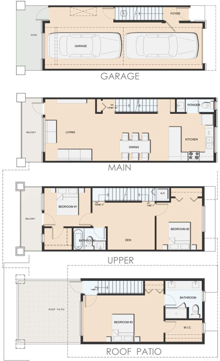 Type B floorplan for a 3-bedroom + den townhome with a top floor master bedroom & terrace.