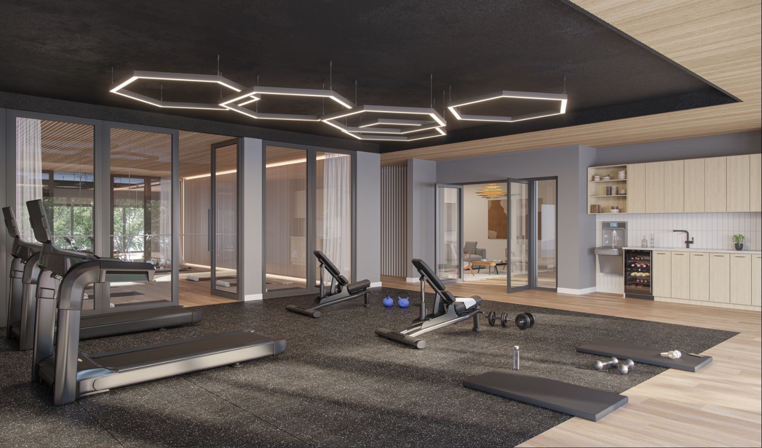 Keep fit with a residents-only gym and a yoga studio.