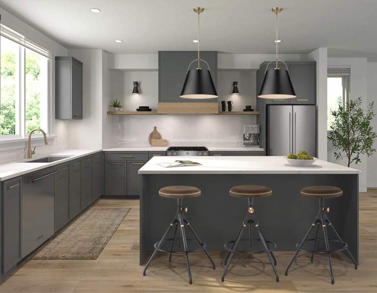 Stainless steel KitchenAid appliances, large sit-up island, quartzite countertops.