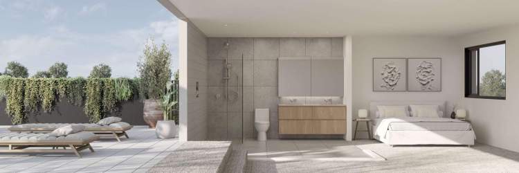 En suite features wall-mounted faucets and double door, mirrored medicine cabinet.