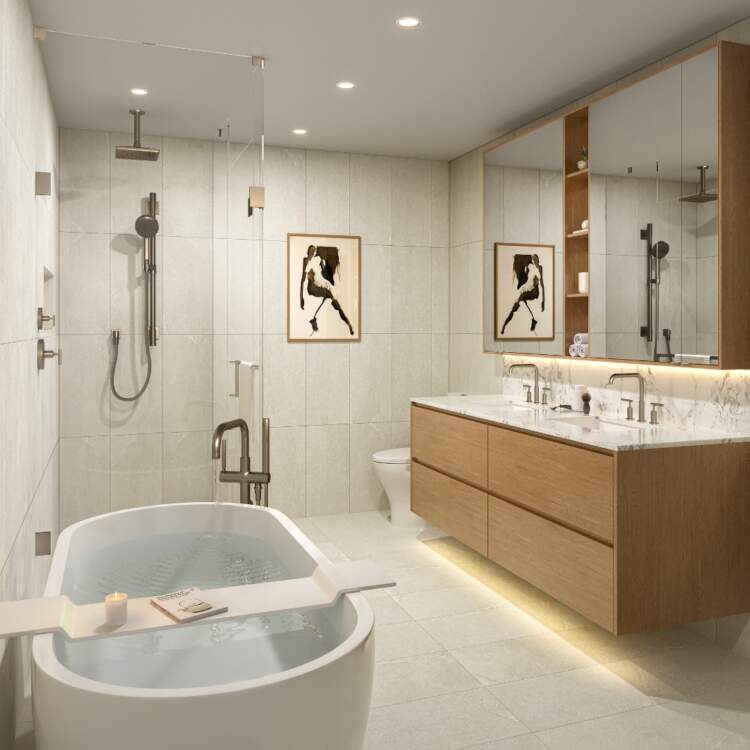 At Weston Place, the free-standing tub and spacious walk-in shower recreate a spa experience.