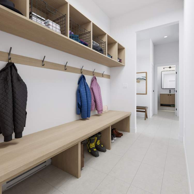 Includes 8′ of custom storage solutions and heated floors.
