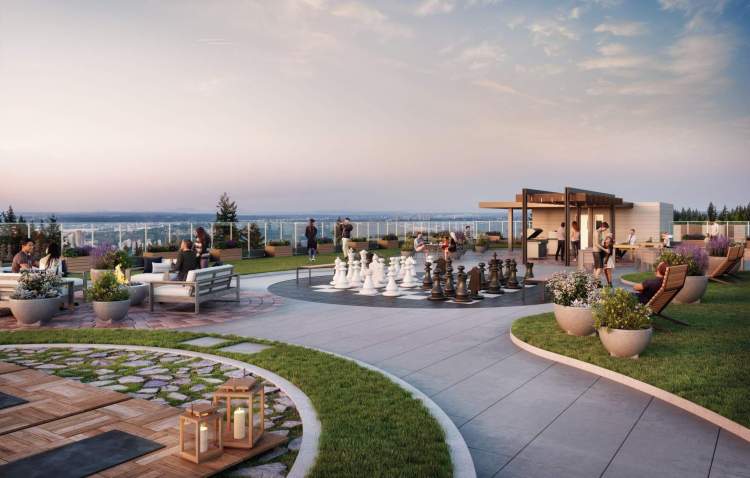 Building B features a rooftop terrace with lounge seating and a barbeque dining area.