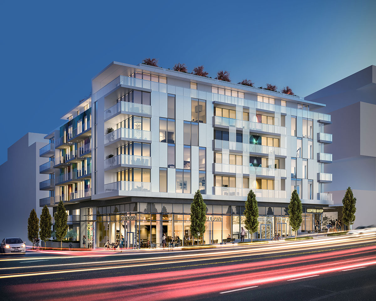A mixed-use concrete building with a selection of condos and three townhomes.