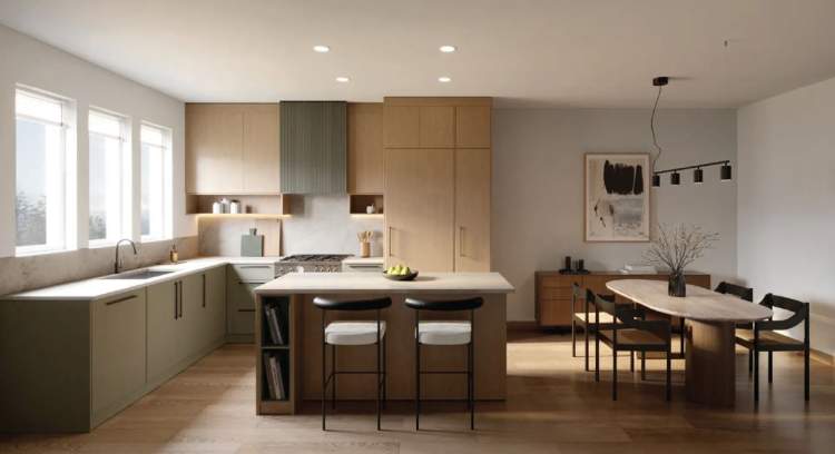 Features integrated Bertazzoni appliances and marble-style quartz countertops & backsplash. 