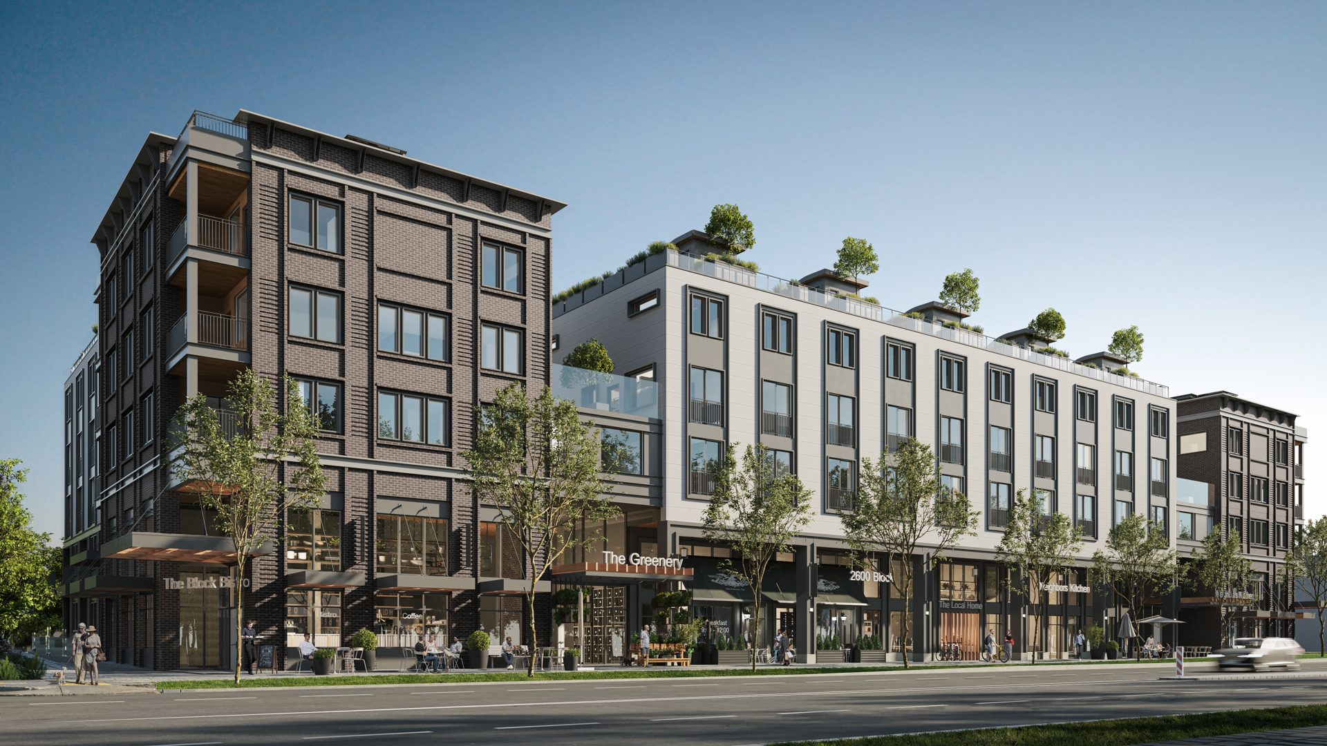 A 5-storey, mixed-use building consisting of ground-level retail, condominiums, and townhomes.