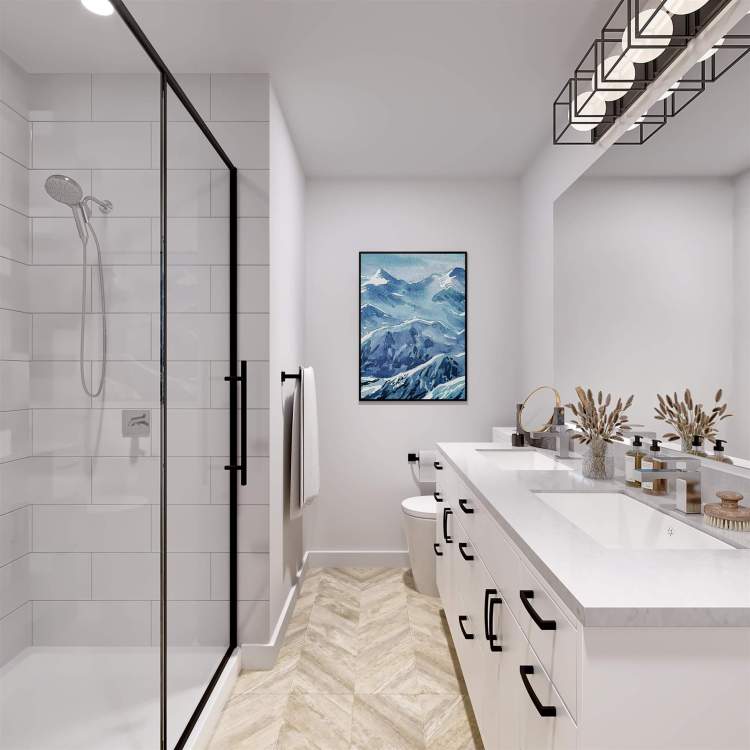 Stylish bathrooms are equipped with quality plumbing fixtures.
