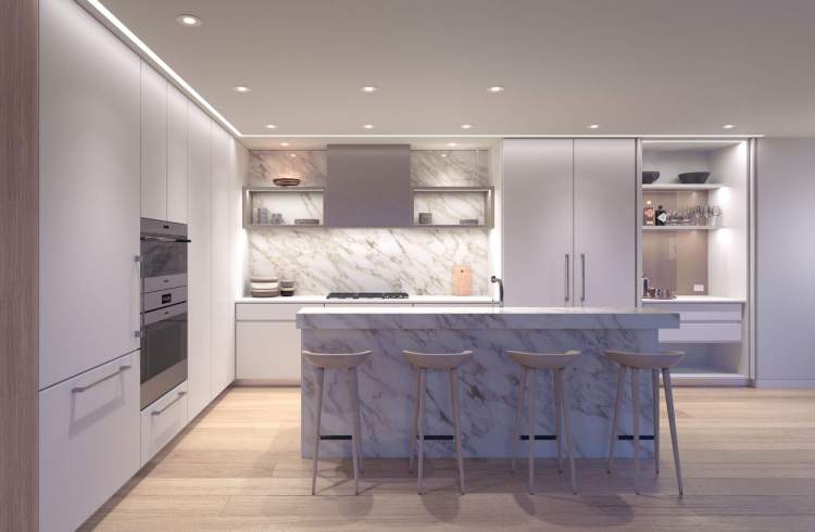 Elm-clad kitchens include islands with bar seating and built-in cabinetry.