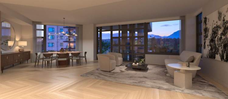 An open-plan main living area features a dining space and large windows with cityscape views.