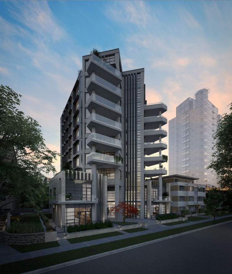 A 10-storey luxury concrete tower located next to Stanley Park.