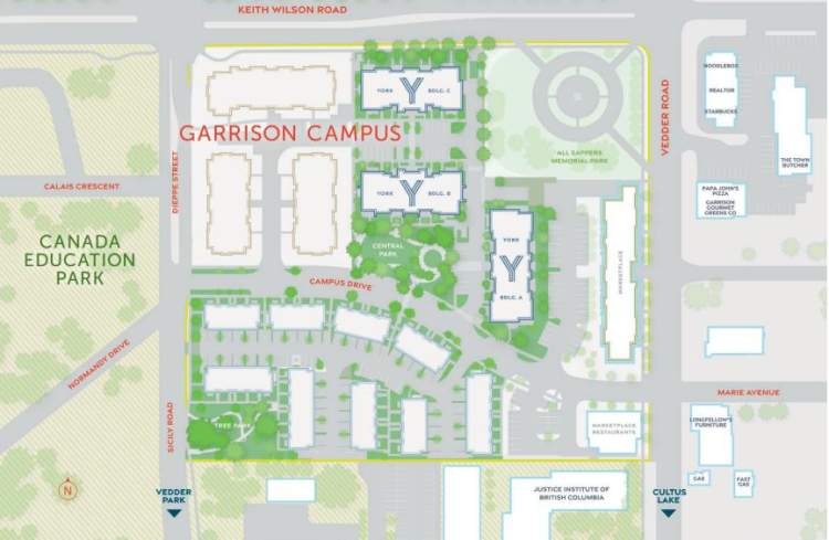 Three Garrison Campus condominium buildings situated between two parks.