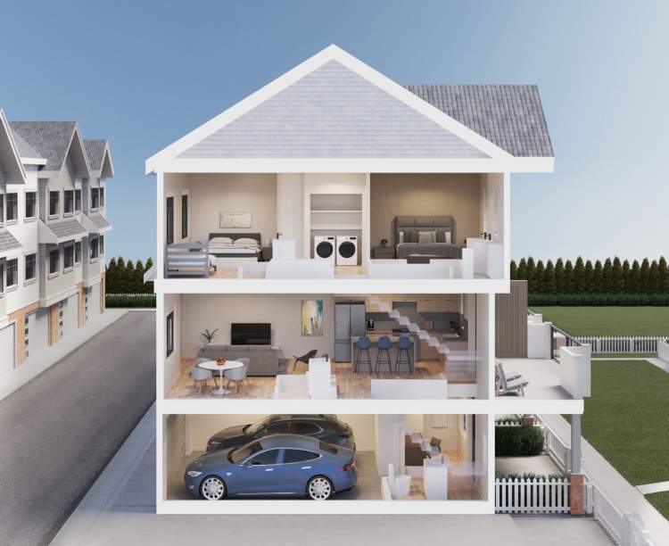 These 3-storey homes include a double garage, three bedrooms, and a flex room.