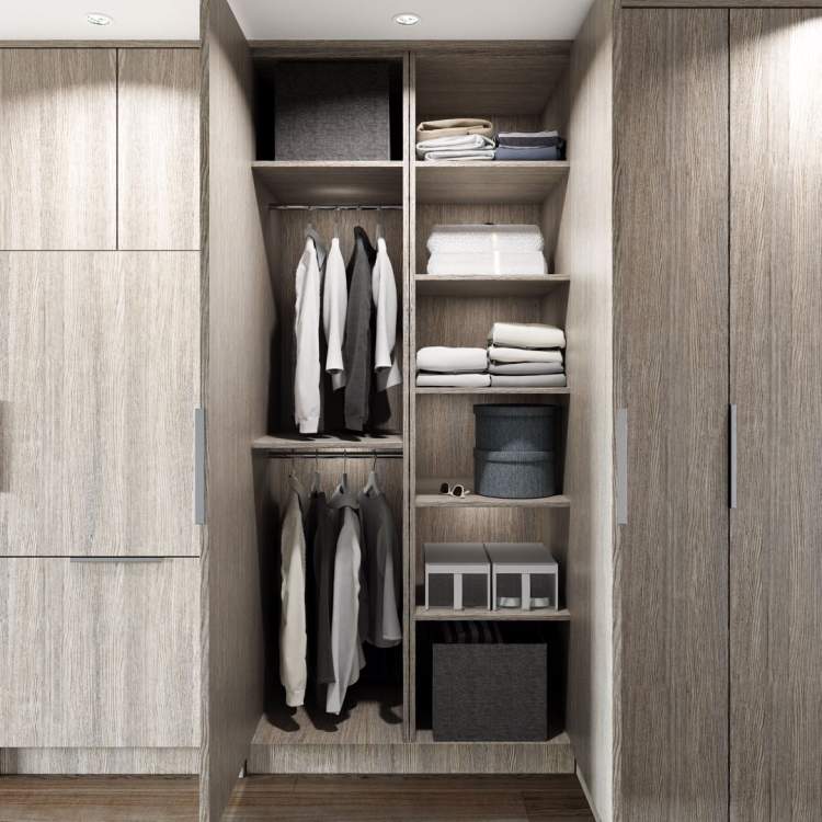 Custom millwork closet organizer provides smart space saving options.