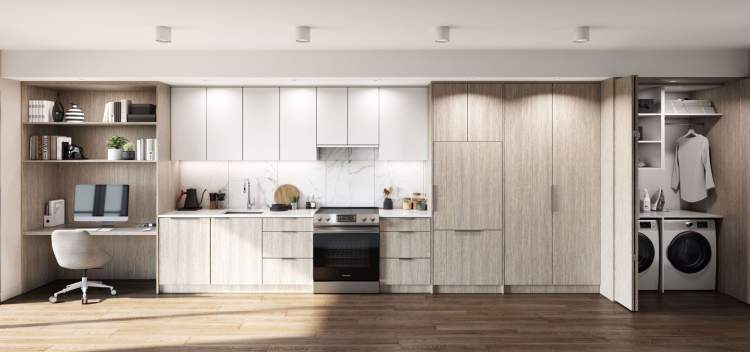 Innovative solutions to smaller living include linear kitchens with integrated appliances. 